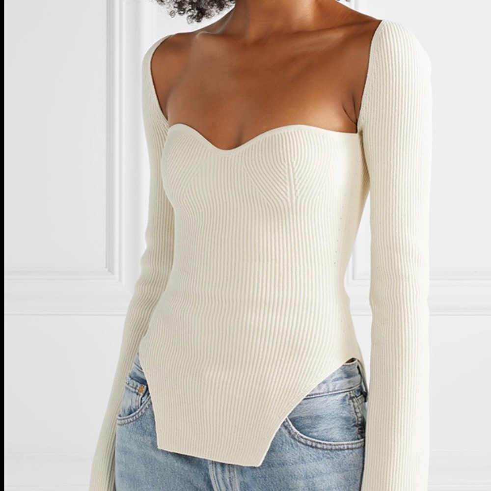 KHAITE Maddy Ivory Ribbed Sweetheart Neckline Top - Picture 9 of 9
